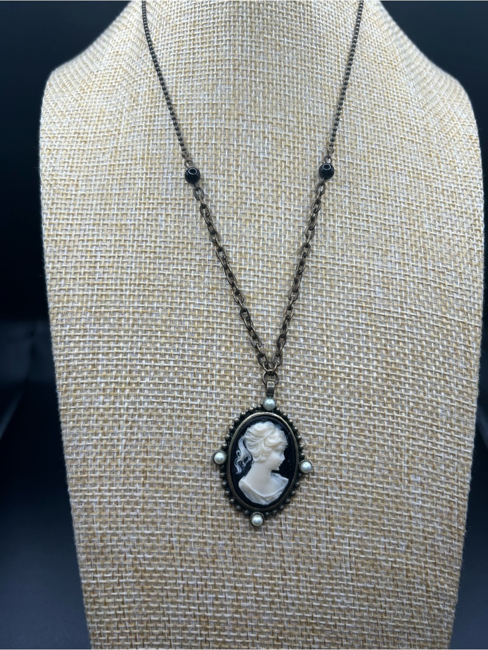 Vintage-Style Black Cameo Pendant Necklace with Faux Pearls  - Orna Collection